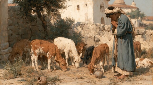 Young boy tends a small herd of calves in a rural Middle Eastern setting. He's a devout servant, praying with hope.
