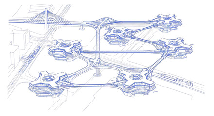 Fototapeta premium Perspective Architectural Blueprint of Futuristic Transit Station with Elevated Sky Bridges and Modular Urban Infrastructure, Modern City Transport Plan Illustration