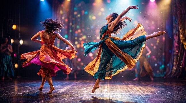 Women dancers leaping on theater stage. Contemporary performance with flowing dresses and dramatic lighting. Artistic movement and grace in dance show