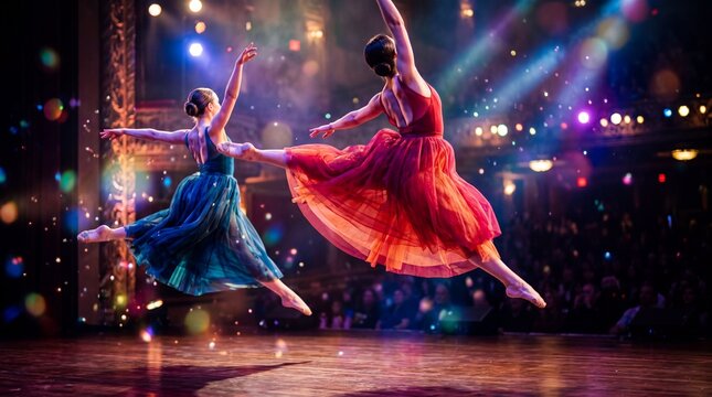Two women performing ballet leap on theater stage. Graceful dancers in blue and red tutus under colorful spotlights. Artistic dance performance and entertainment concept