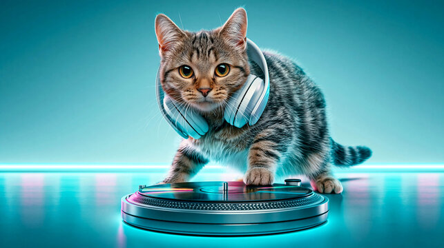 A close-up of a cat wearing white headphones sitting at a DJ console, touching a vinyl record player with its paw on a blue background with neon lighting.