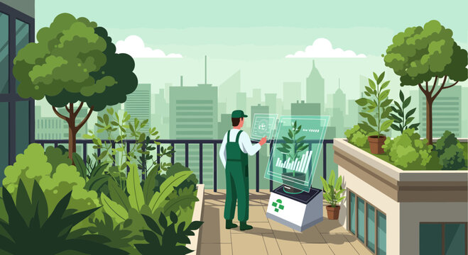 Man tending to futuristic rooftop garden with holographic interface.