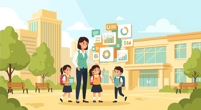 Teacher with students in front of school with data charts.
