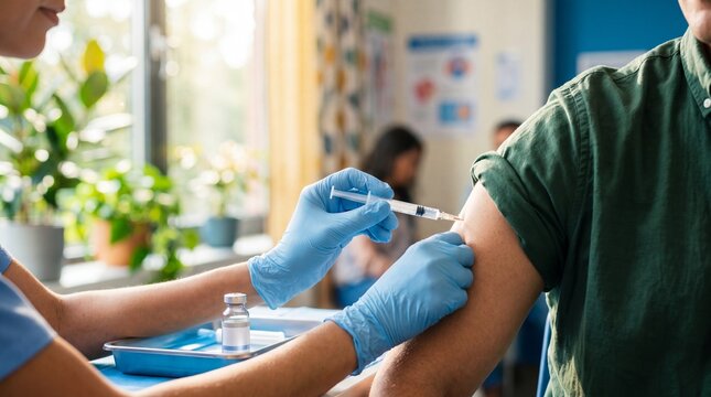 Woman nurse in blue scrubs administering vaccine injection into mans arm in clinic. Public health service with medical equipment on tray
