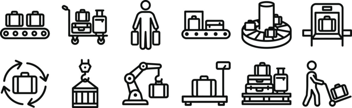 Baggage handling icons set for airport logistics ilustration showing conveyor belt luggage trolley passenger security scanner and industrial mechanical loading tools as vector symbols.