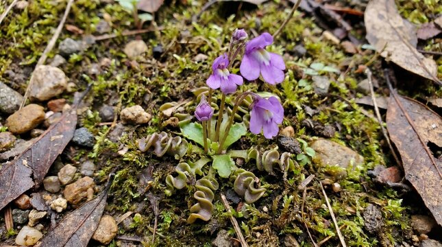Close-up of a unique purple flowering plant with surreal curled leaves in mossy forest soil.