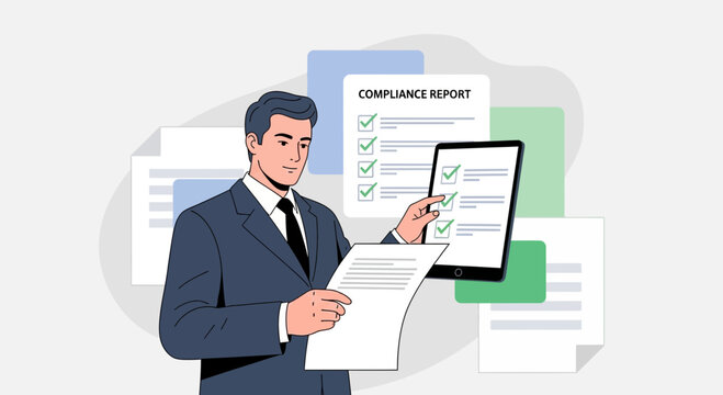 Businessman reviewing compliance report on tablet and paper, modern business concept.