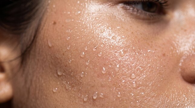 Close up of hydrated skin with water droplets glowing complexion smooth texture healthy appearance moisture skincare freshness natural beauty facial care dewy finish youthful radiant