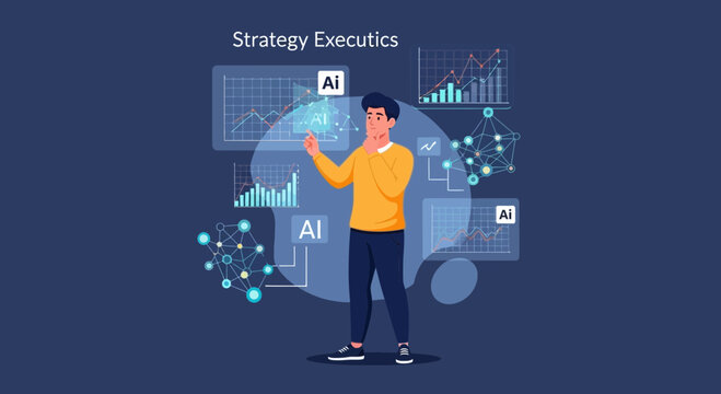 Businessman using AI interface with data analytics and network visualization