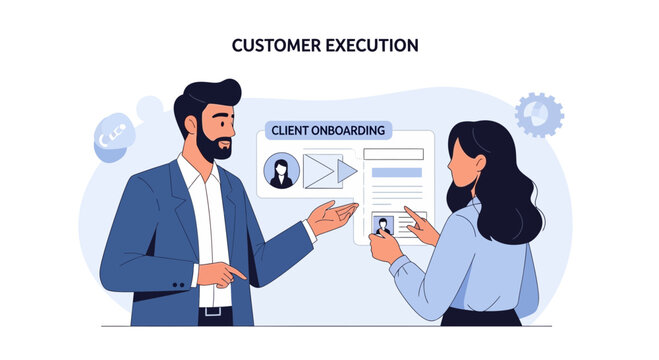 Business team collaborating on client onboarding services for customer execution