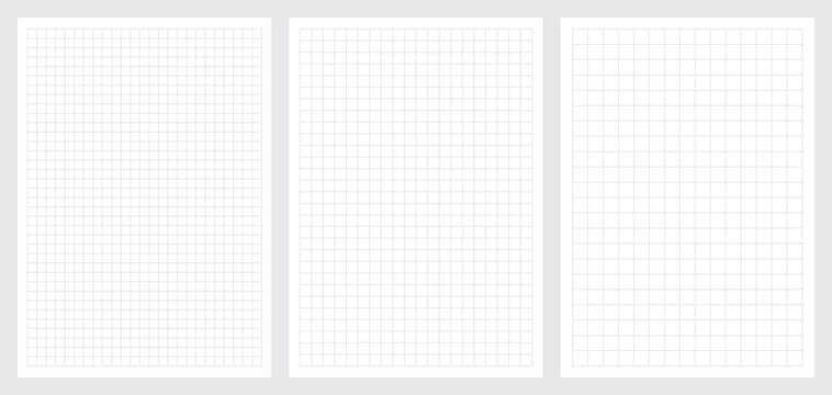 Set of blank sheets of square grid paper in a5 format. Paper templates for notes, writing, sketching, and journaling. Ideal for school, office and work. Vector illustration