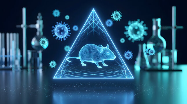Digital medical concept showing a mouse with virus particles in a laboratory setting for hantavirus transmission and zoonotic disease