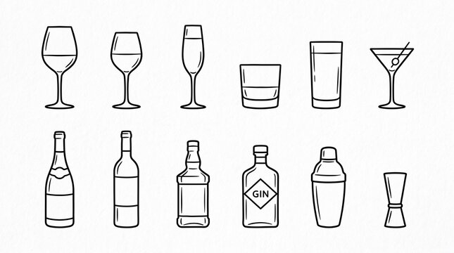 Minimalist drinkware and bar tool icons, glasses, bottles, and shakers representing bartending essentials in clean modern vector design.