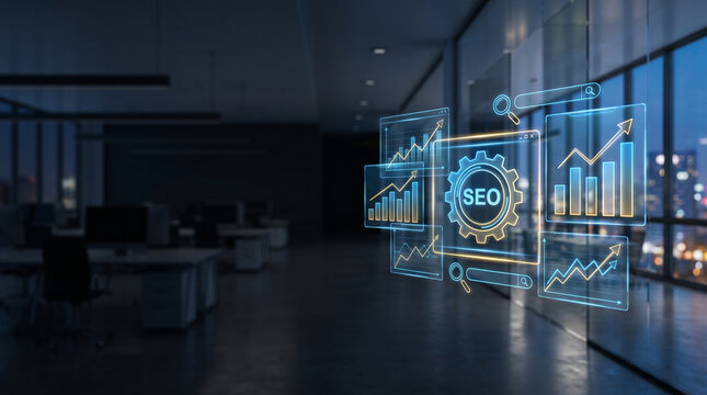 Futuristic SEO text acronym icon with digital gear analytics and growing growth business charts on screen panels inside modern office interior background workspace