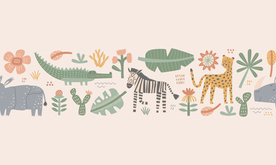 Obraz premium African safari animals and plants seamless border. Cute flat hand drawn nursery characters. Zebra, rhino, cheetah and others. Perfect for prints, jungle themes, wildlife projects, and kids designs.