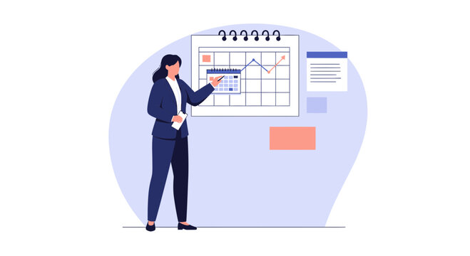 Businesswoman presents financial data on calendar graphics