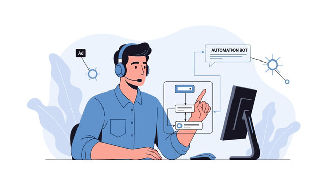 Call center operator interacting with automation bot on computer screen