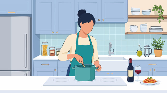 Woman stirring pot on stove in modern kitchen, preparing pasta dish