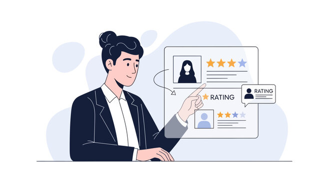Customer feedback analysis on digital screen with person interacting with ratings.