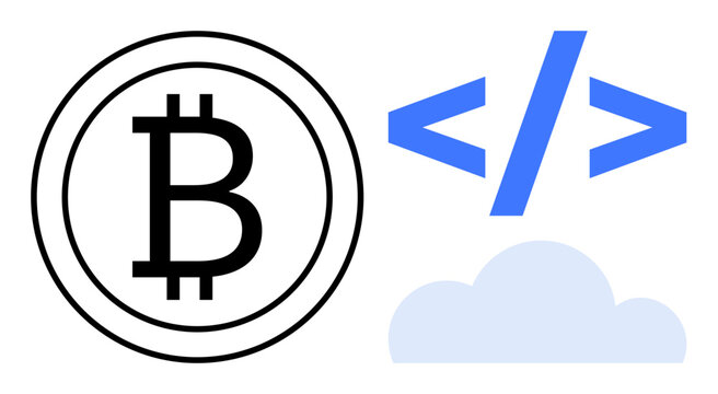 Cryptocurrency, blockchain technology, programming, cloud computing, fintech, digital workflow. Bitcoin logo, coding brackets and cloud shape. Cryptocurrency and blockchain technology