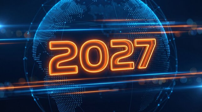 Digital globe featuring glowing 2027 numbers. New year 2027 celebration worldwide. Futuristic global technology concept for year of the sheep in chinese zodiac tradition