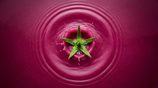 Impact splash of tomato juice with green sepals creating ripples in dark liquid.