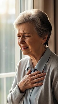 Elderly woman experiencing chest pain, indicating potential cardiovascular problems, heart disease, or cardiac arrest, seeking medical attention for treatment