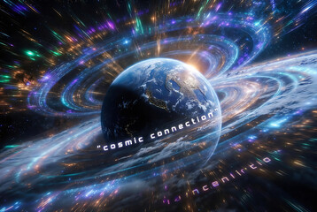 Fototapeta premium A vibrant, digitally rendered Earth is surrounded by swirling cosmic energy and nebulae, suggesting a concept of interconnectedness.
