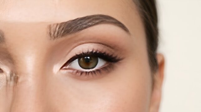 Close-up of a glamorous eye with makeup and defined eyebrows.