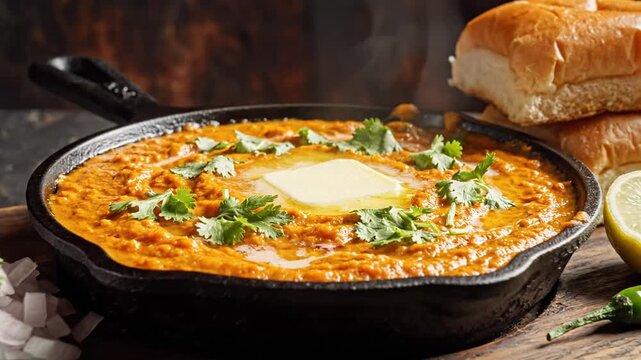 Spicy pav bhaji topped with butter in a skillet with buns, rustic indian street food close-up.