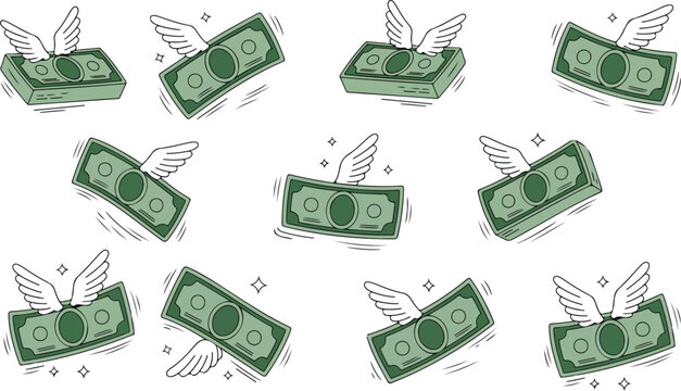 Playful finance illustration set with winged cash bills, floating currency icons and sparkling cartoon pattern background design elements