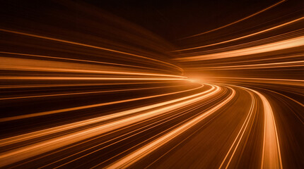 Abstract 3D render of luminous orange light trails curving dynamically into the distance. © Jacqueline