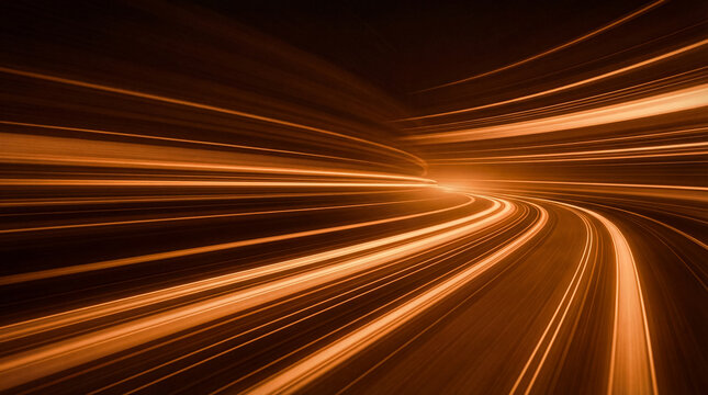 Abstract 3D render of luminous orange light trails curving dynamically into the distance.