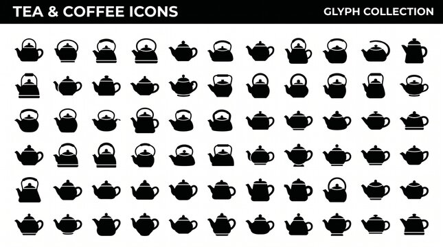 Minimalist glyph collection of tea and coffee vessels, showcasing diverse silhouettes of kettles, teapots, and coffee pots in modern design.