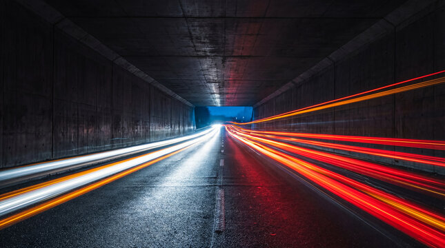Dynamic light trails from cars speeding through a dark urban tunnel at night, showcasing motion blur effect.