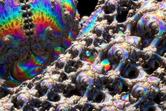 Frattale 3D astratto con texture iridescente e geometria complessa arcobaleno
