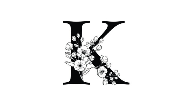 Classic capital letter K is embellished with elegant black and white floral line art on a clean white background.