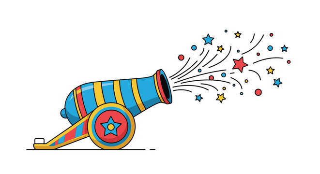 Colorful circus cannon with blue and yellow stripes shoots out a spray of bright stars and circular confetti.