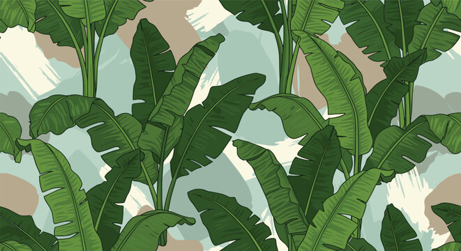 Seamless pattern featuring vibrant green banana leaves over an abstract background with soft color splashes for tropical textile or wallpaper.