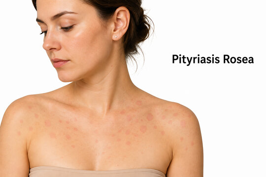 A woman with pityrias rosea, a skin condition characterized by papules and plaques on her face and upper body.