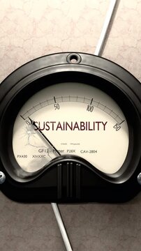 Sustainability meter showing low levels of sustainability. Minimum and decreasing sustainability value, below the norm. Lack of sustainability. None of it, insufficient.