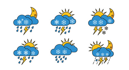Obraz premium Set of six weather icons showing various combinations of storm clouds sun moon snow rain and lightning for diverse forecast condition displays.