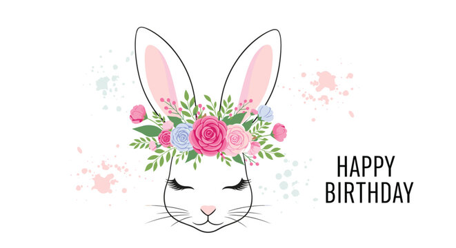 Sweet white bunny face with long ears and a pink rose crown surrounded by pastel paint splashes with happy birthday text for greeting cards.