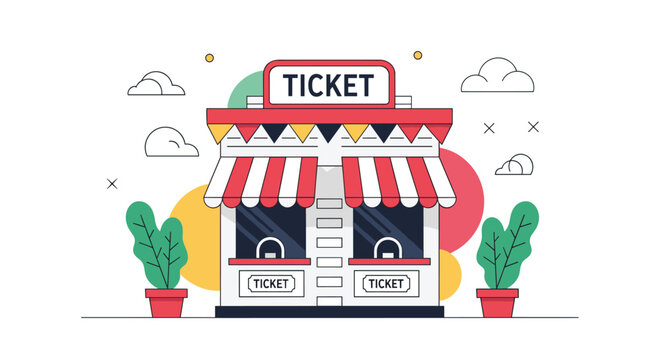 Small ticket booth or kiosk building with red and white striped awnings and signage against a backdrop of clouds and potted plants elements.