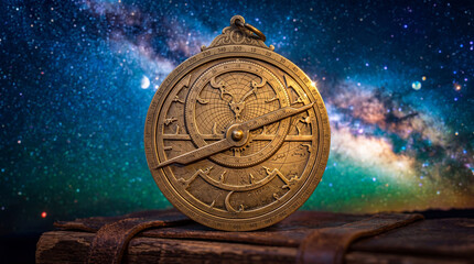 Fototapeta premium Vintage brass astrolabe with zodiac symbols and scales on old leather book. Planetarium day education and celestial exploration concept