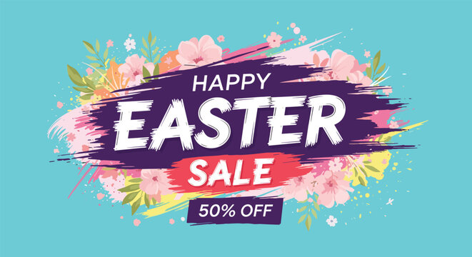 Vibrant happy easter sale banner featuring pink flowers and purple brush strokes with a fifty percent off discount message on blue background.