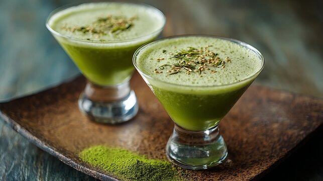 Two glasses of vibrant green matcha cocktails are displayed on a wooden surface.