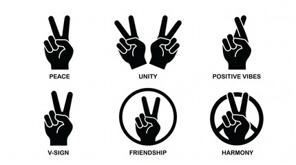Fototapeta premium Silhouette icons of peace gestures: V-sign hands, symbolic variations with heart, leaf, peace symbol, representing unity and harmony.