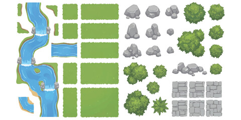 Top down map elements with river grass trees and rocks for game design © ZenVectors