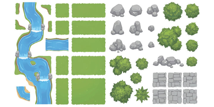 Top down map elements with river grass trees and rocks for game design